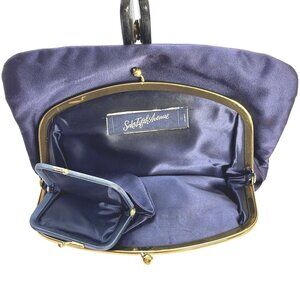 VTG Saks Fifth Avenue Women's Navy Satin Gold Frame Clutch Purse & Coin Pouch